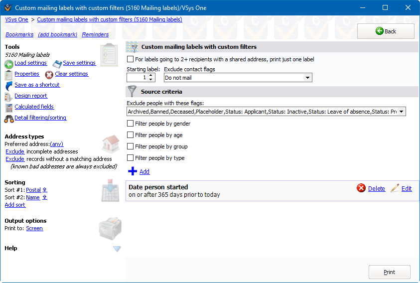 Custom mailing labels screen with added "date started" filter