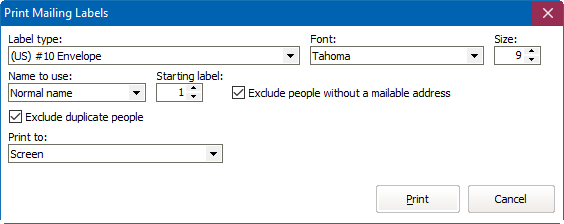 Print mailing labels window