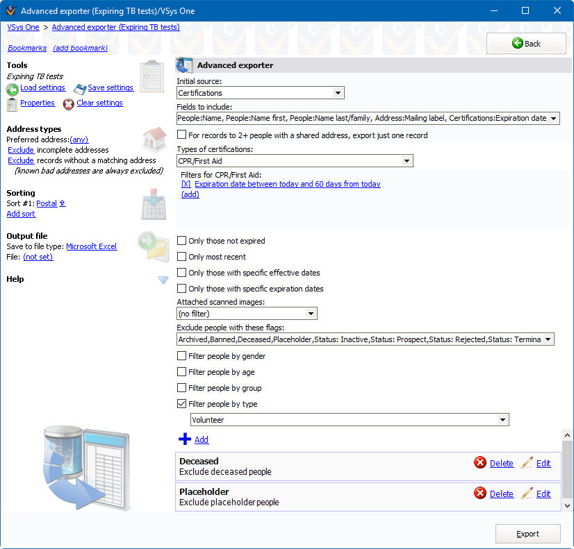 Advanced exporter screen showing All Active Volunteers setting