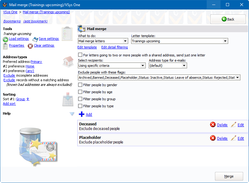 Mail merge screen showing a merge for upcoming trainings letters