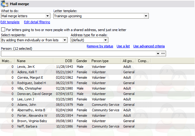 Mail merge settings panel showing adding recipients individually or by list