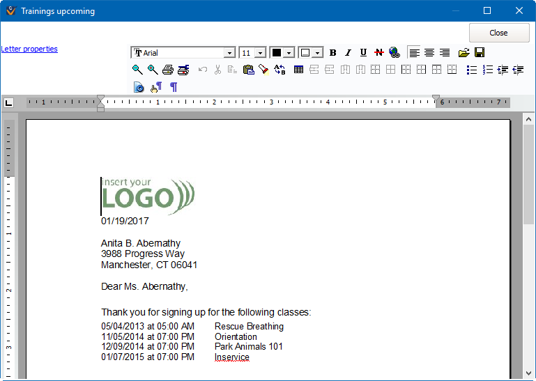 Preview of mail merge for upcoming trainings letter