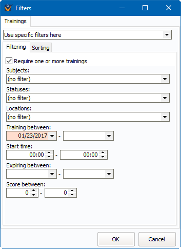 Filter window for subletters showing a required training