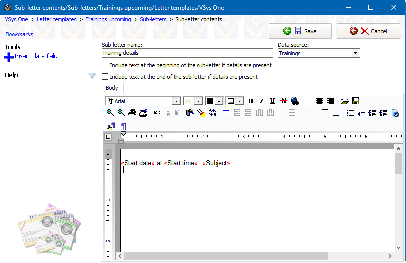 Subletter definition screen showing training details