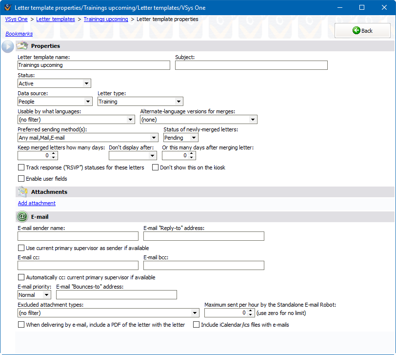 Letter template properties window showing sample upcoming trainings letter