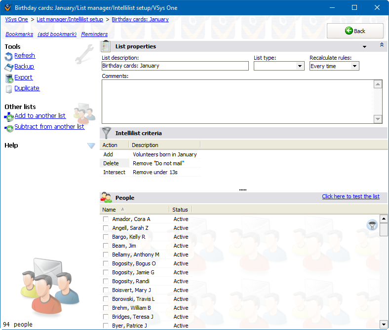 List manager showing the setup of an Intellilist for January birthdays