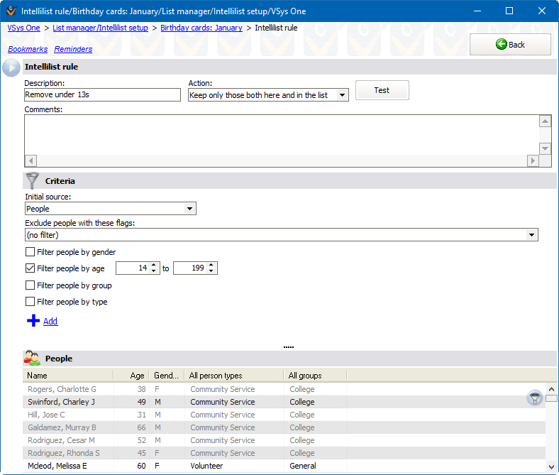 Intellilist criteria window showing the removal of persons under the age of 13