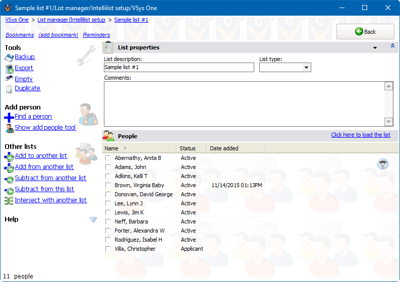 List manager screen showing a standard list