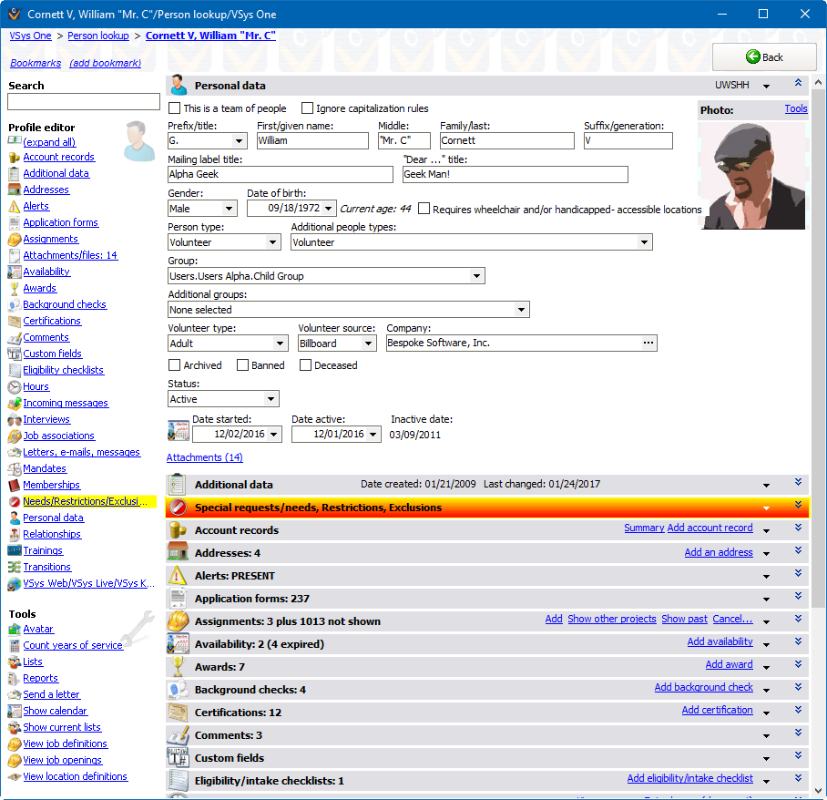 Example of Profile editor screen