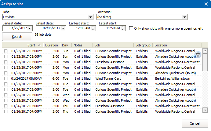 Assign to slot window showing available job slots