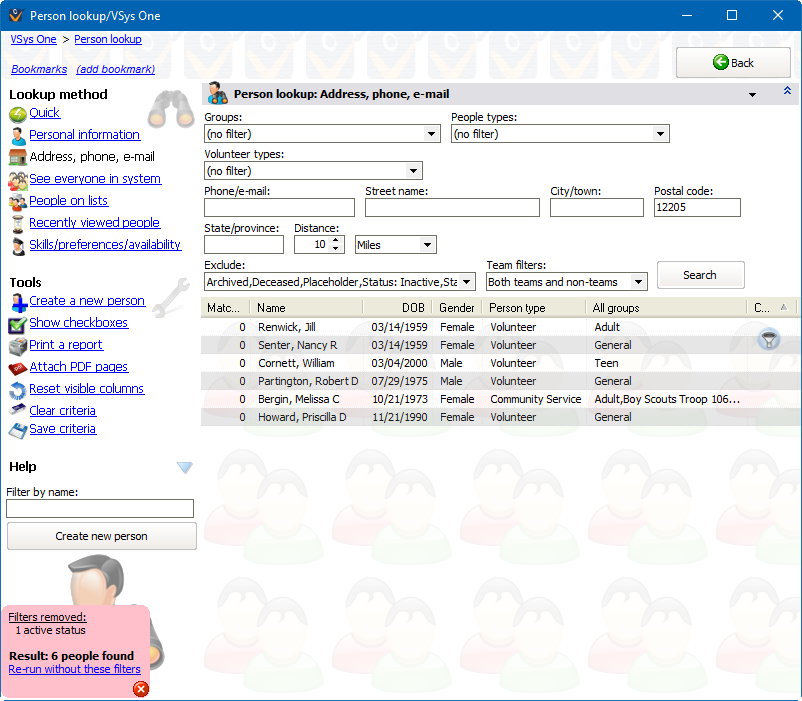 Person lookup screen showing search by zip code proximity