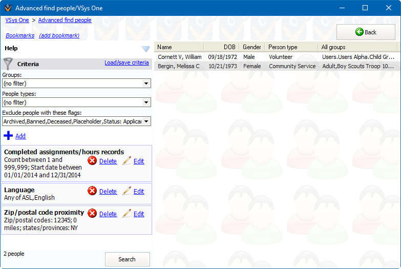 Advanced criteria search based on hours, language and zip code