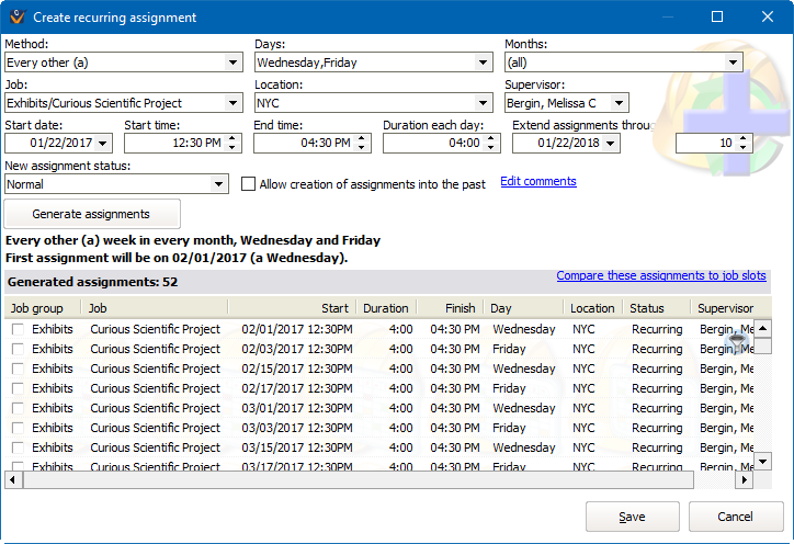 Create Recurring Assingment window showing a sample Home Meal Delivery job assignment