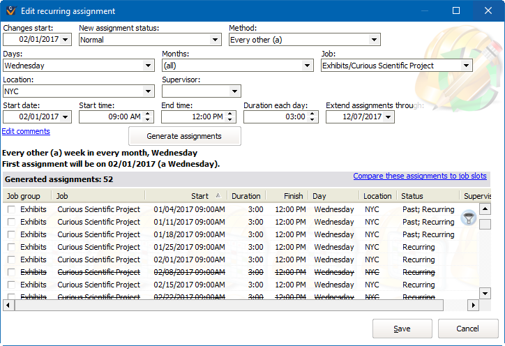 Window for editng recurring assignment rules