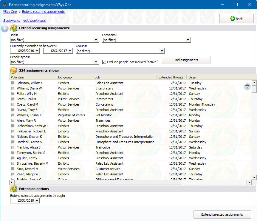 Screen for extending recurring assignments in bulk