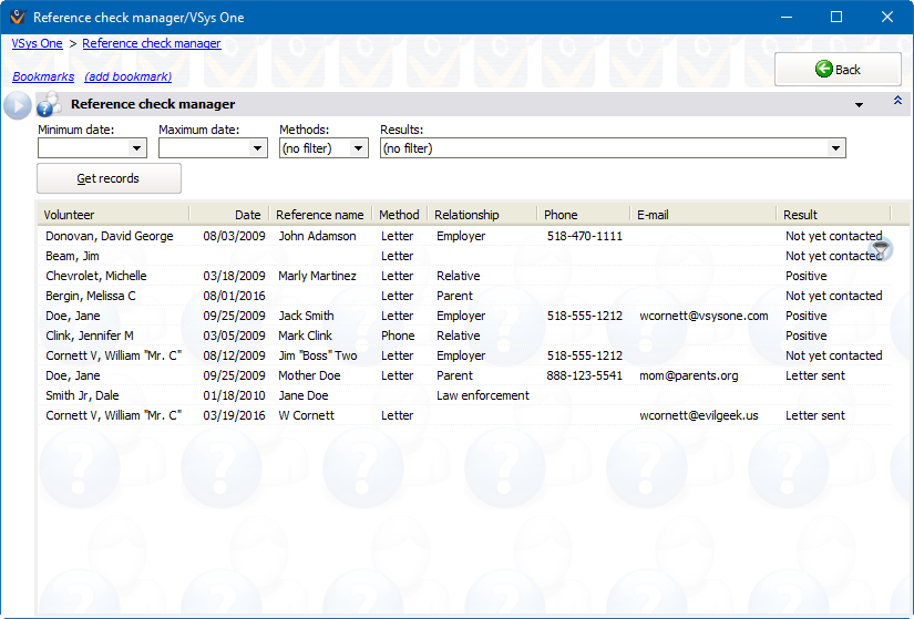 Reference check manager screen