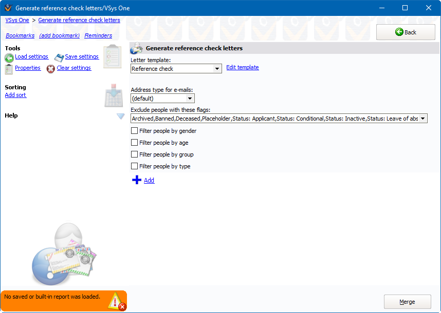 Print reference check letters screen