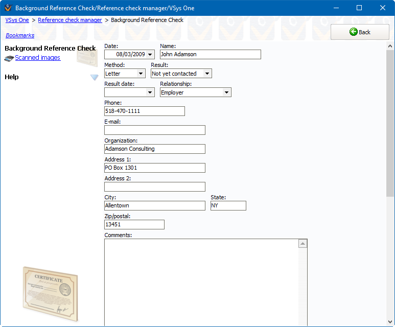 Background reference check data screen showing a volunteer's reference