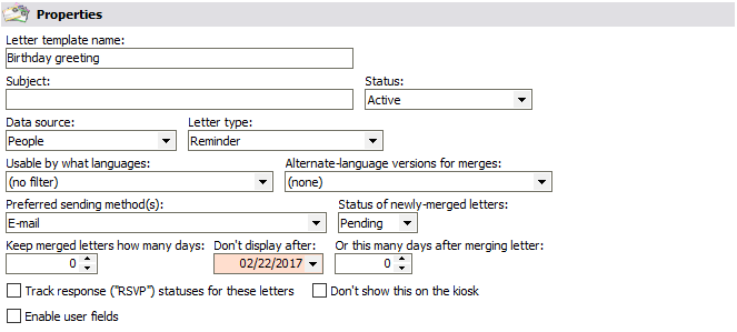 Letter template properties window for a birthday reminder
