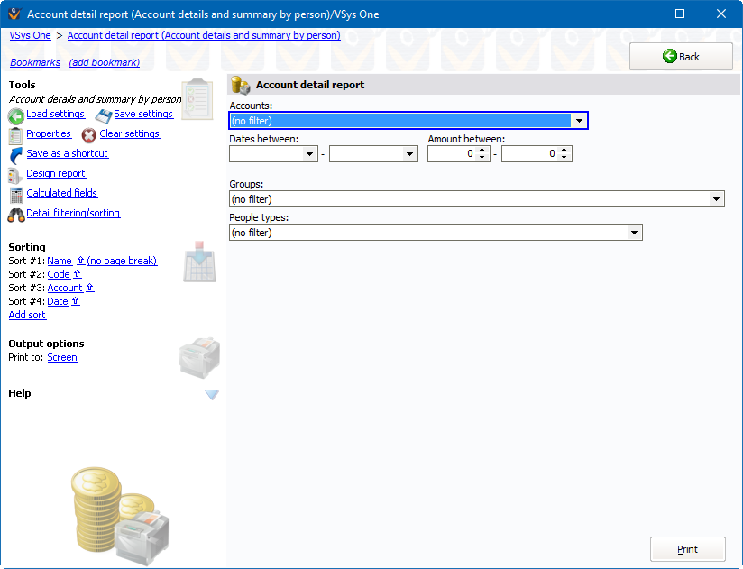 Account records report screen showing Account details and summary by person