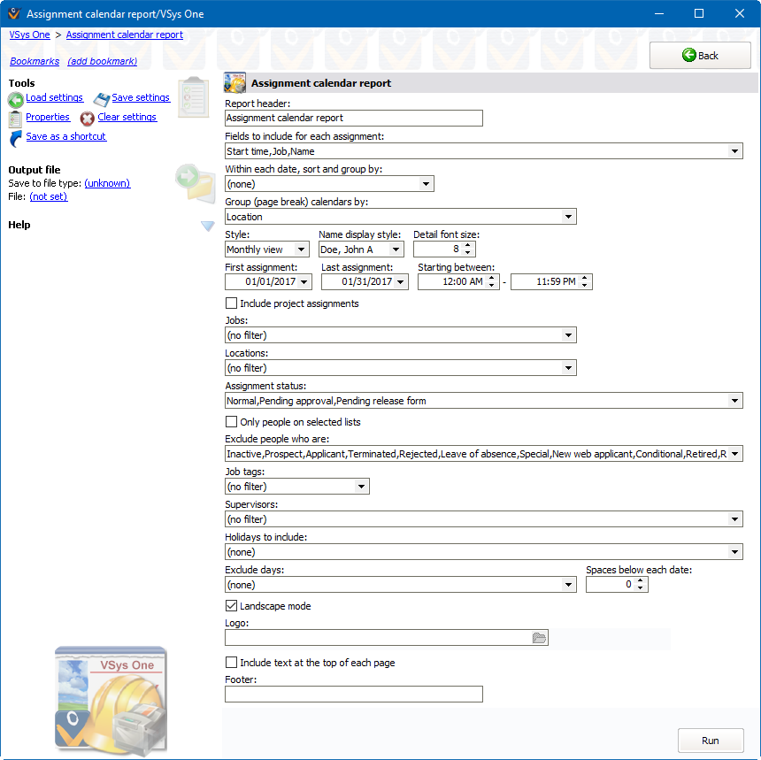 Assignment calendars reports (RTF) screen