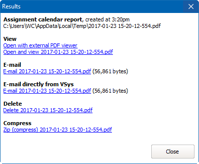 Assignment calendars (RTF) reports results window