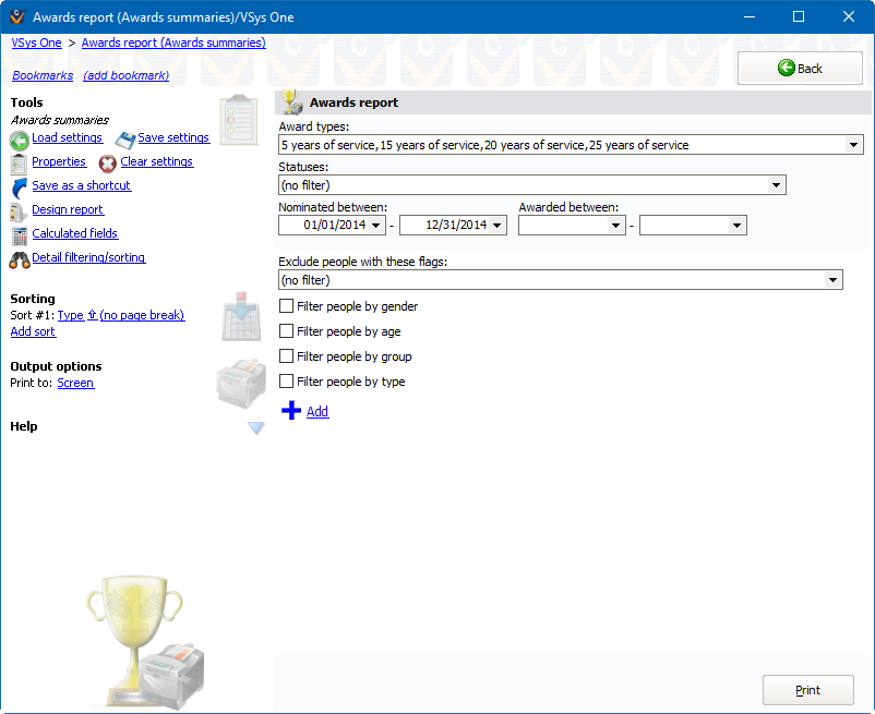 Awards reports screen showing Awards summaries report