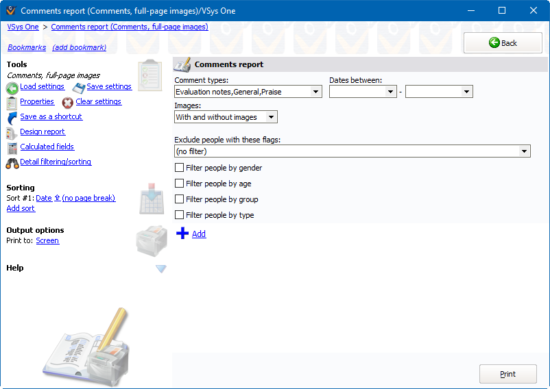 Comment reports screen showing Comments report settings