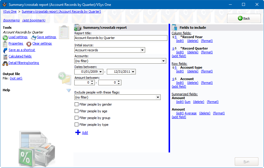 Summary/crosstabs report screen showing Account Records by Quarter settings