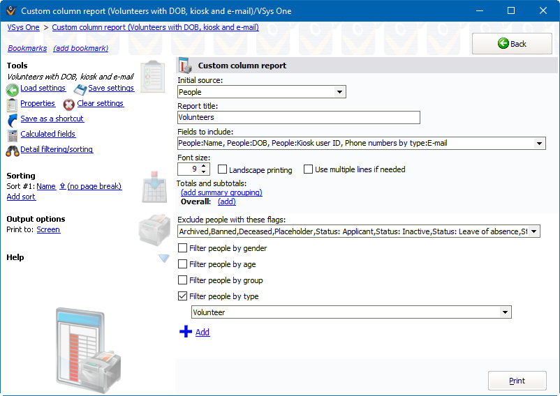 Custom column reports screen showing Volunteers with DOB, kioks and e-mail settings