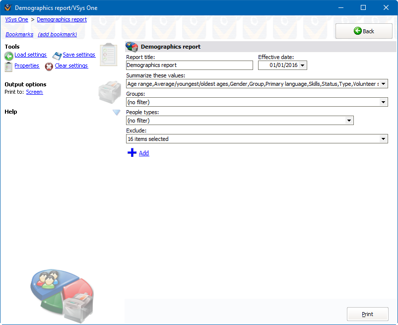 Demographics report screen