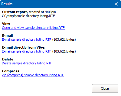 Directory listing report results window