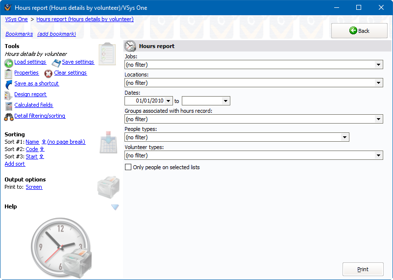 Hours detail reports screen showing Hours Detail by Volunteer settings