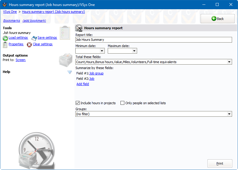 Hours summaries reports screen