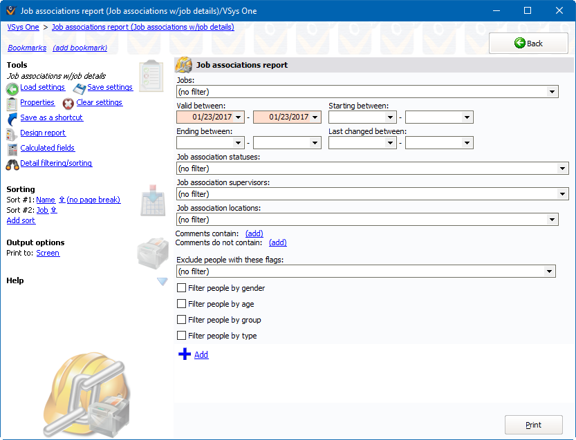 Job associations report screen showing Job Associations w/job detail settings