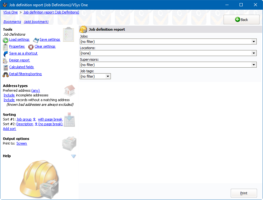 Job definition reports screen showing Job Listing with Locations settings