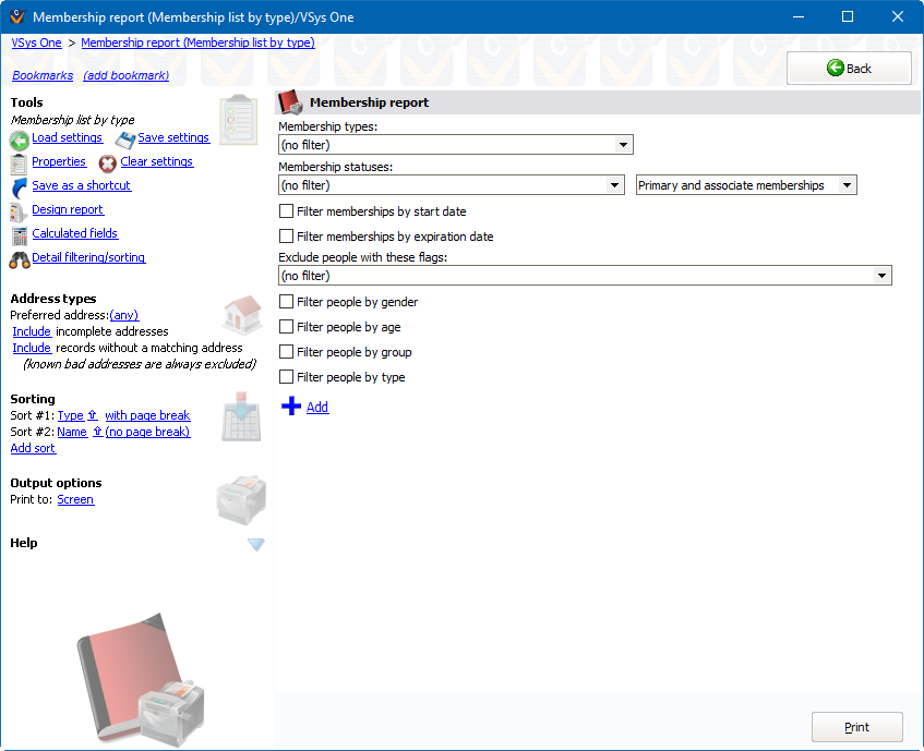 Membership reports screen showing Membership List by Type settings