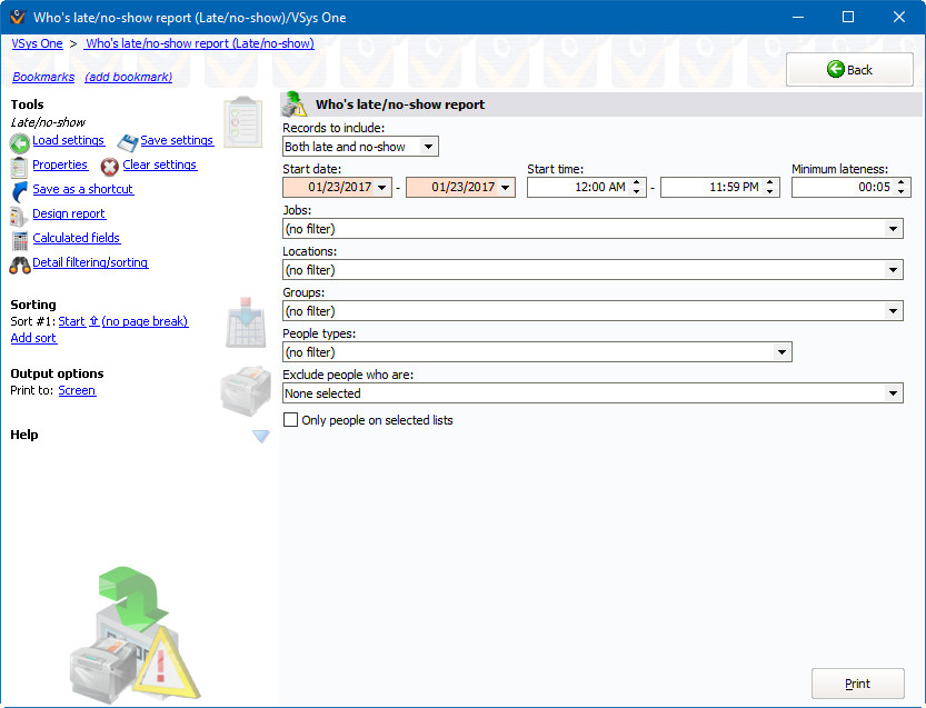 Late/no-show reports screen showing Who's Late settings