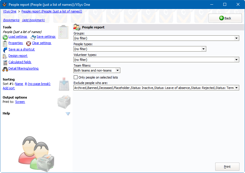 People reports screen showing People (just a list of names) settings