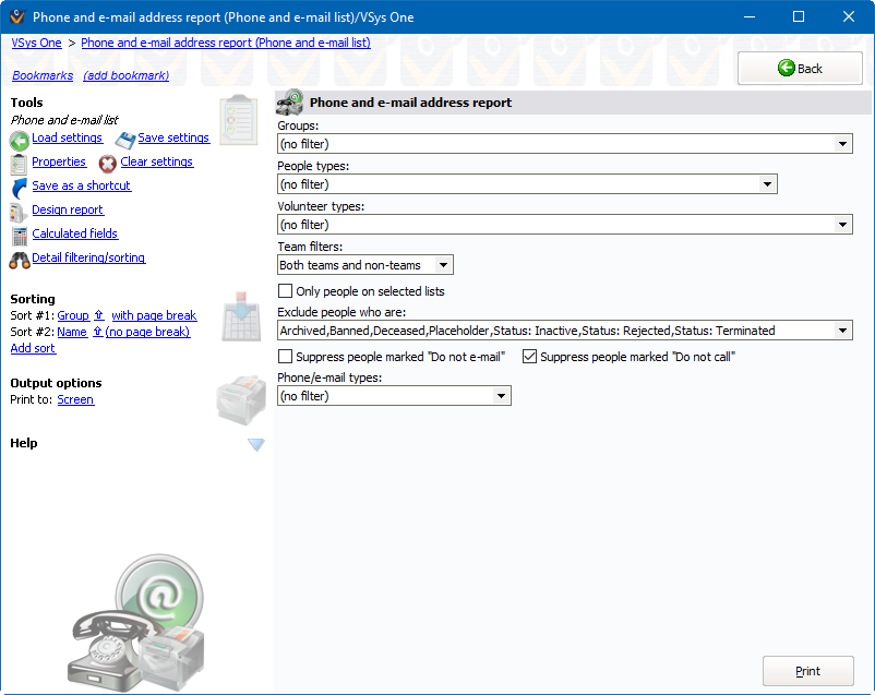 Phone and e-mail address report screen