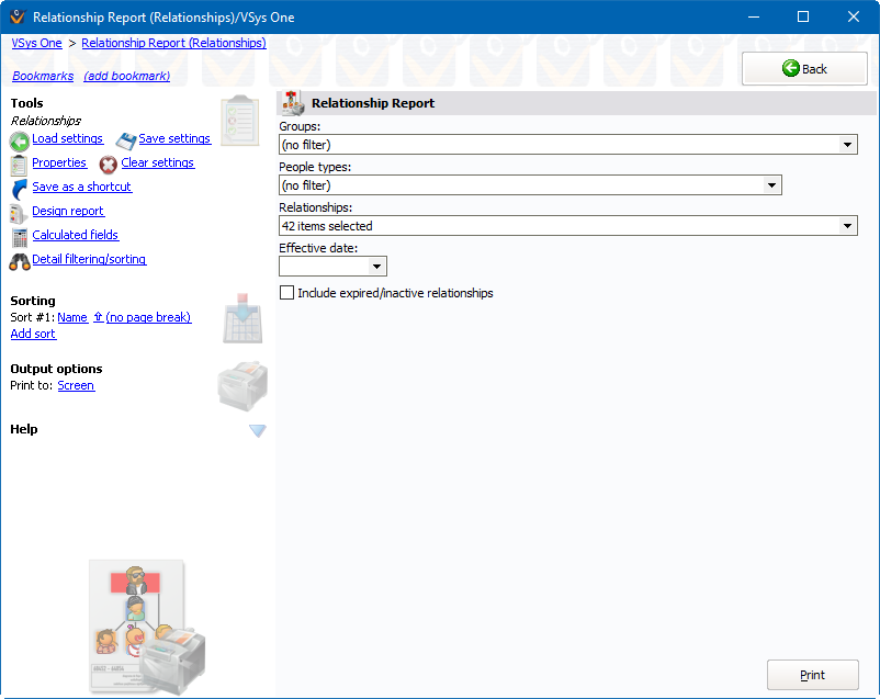 Relationships reports screen showing Relationships with Contact Information settings