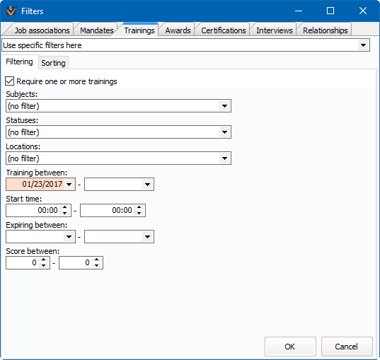 Detail filtering/sorting window showing filtering on trainings