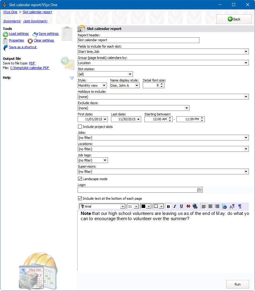 Slot calendar report screen