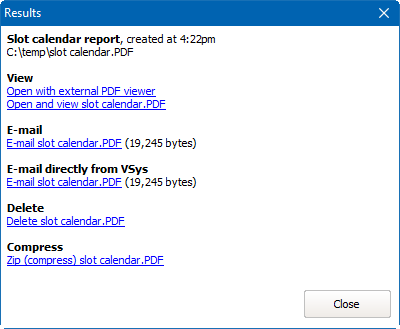 Slot calendar report results window