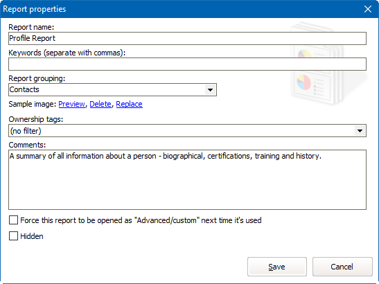 Report properties window