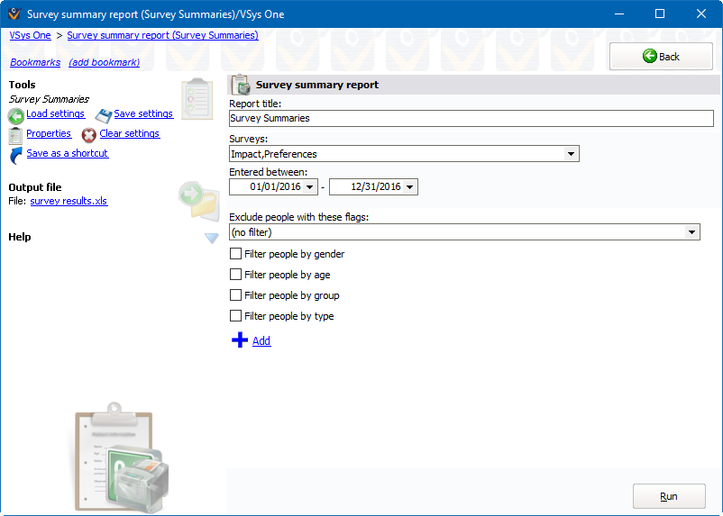 Survey summaries reports screen