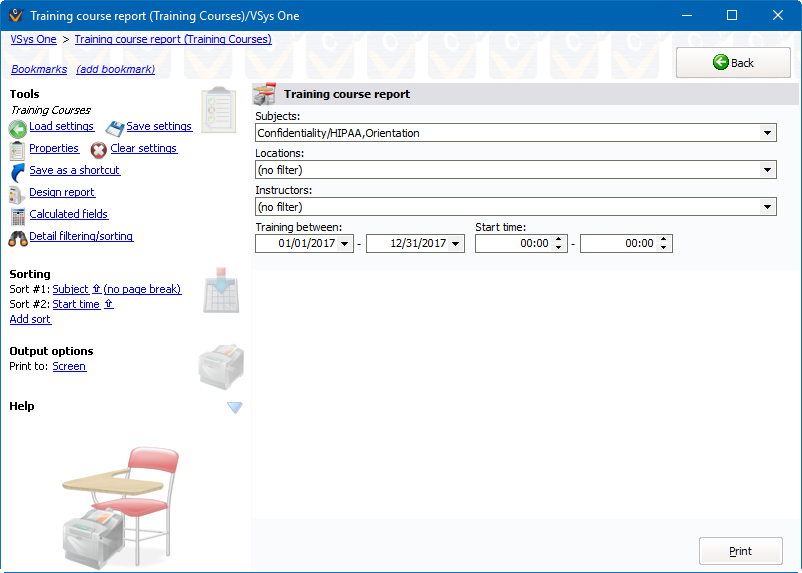 Training course reports screen showing Training Course Summaries settings