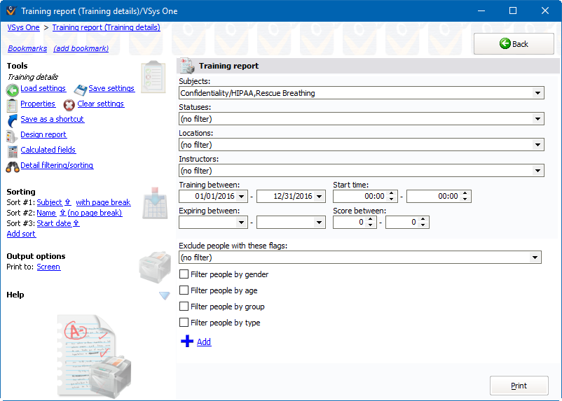 Training rosters reports screen showing Training Details settings