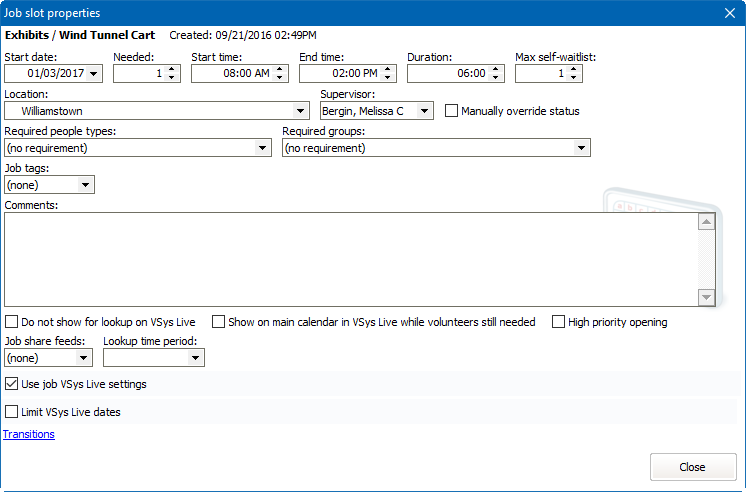 Job slot properties window showing  the job slot details