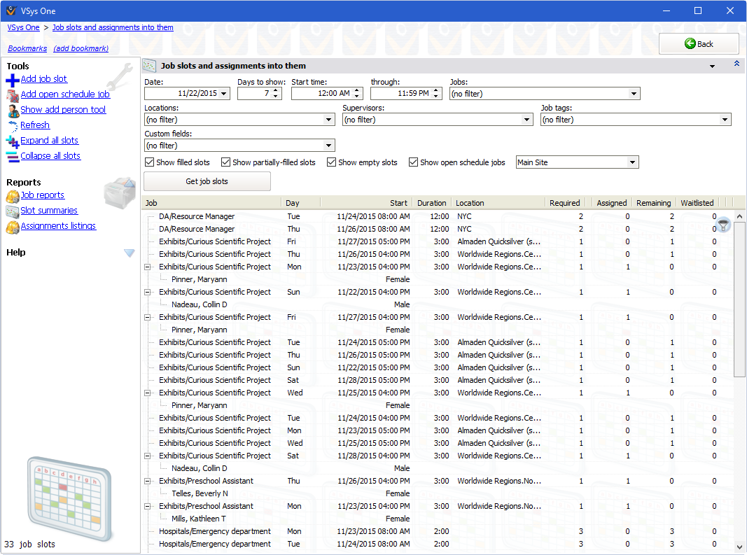 Job slots and assignments into them screen